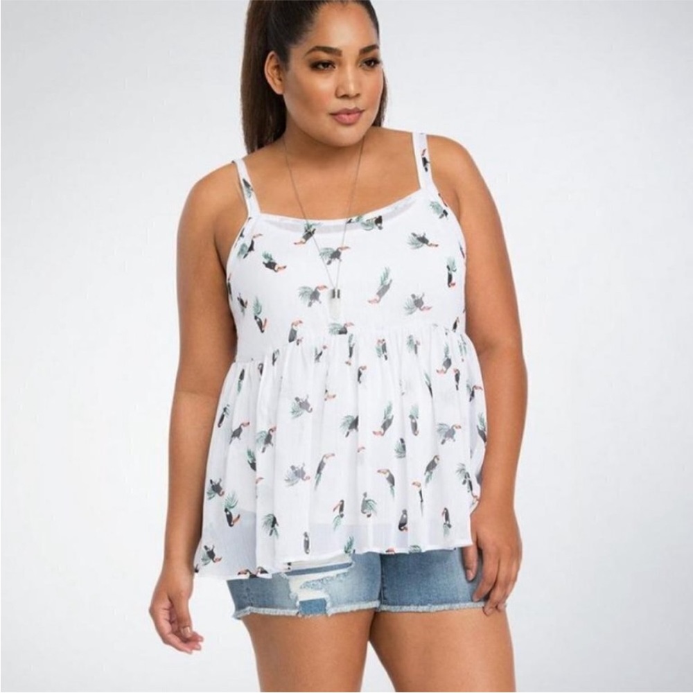 Torrid Toucan Tropical Print Sheer White Chiffon Camisole Blouse